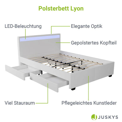 Lit capitonné LED Lyon avec coffre de lit 140 x 200 cm - blanc