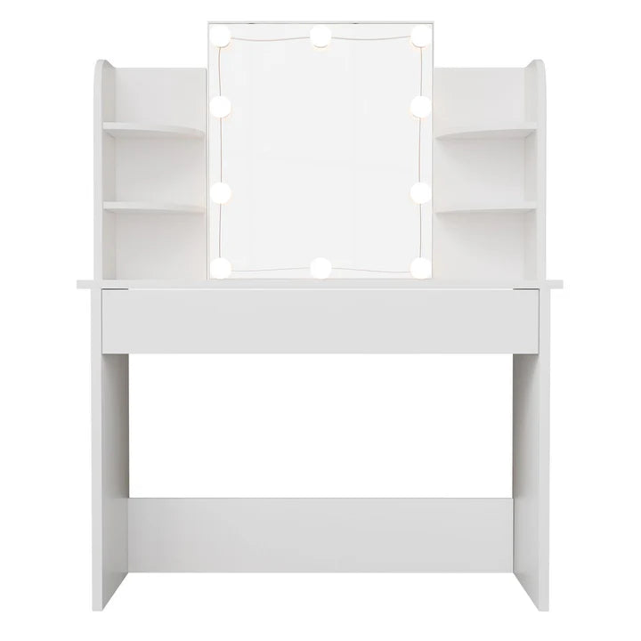 Coiffeuse Bella avec éclairage LED, miroir, tiroir et compartiments | blanc