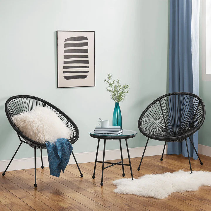 Ensemble de meubles de balcon Ostana 3 pièces ensemble de sièges noirs au design rétro avec table et 2 fauteuils