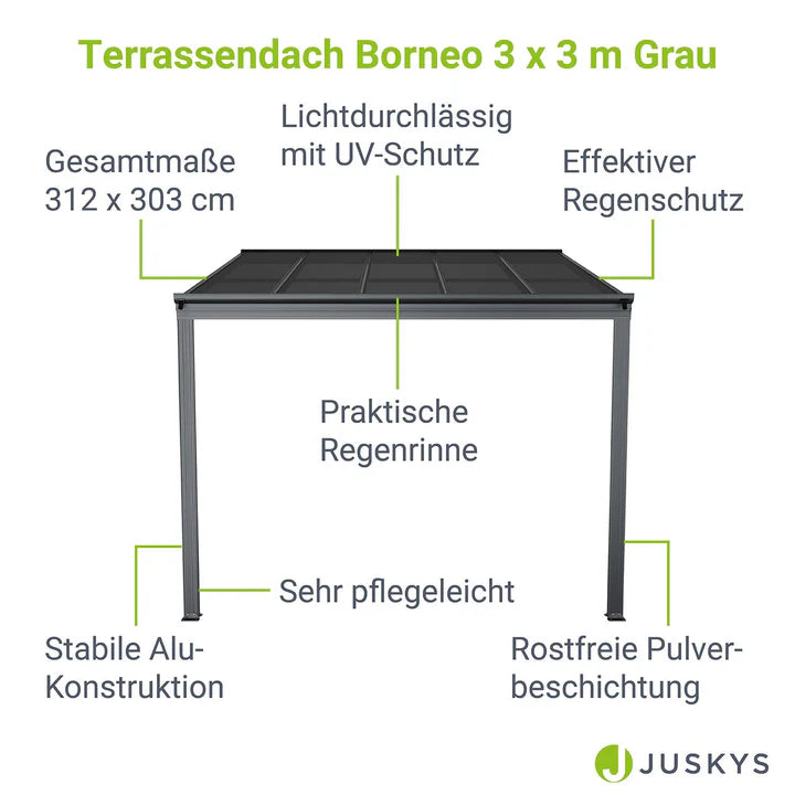 Aluminium Terrassendach Borneo 3x3m mit Doppelsteg-Platten in dunkelgrau