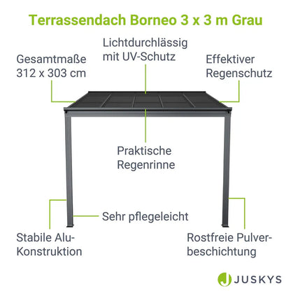 Aluminium Terrassendach Borneo 3x3m mit Doppelsteg-Platten in dunkelgrau