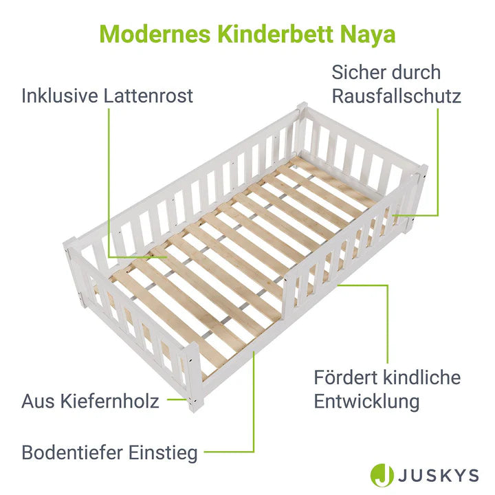 Kinderbett Naya 80x160 cm mit Lattenrost & Rausfallschutz - Weiss