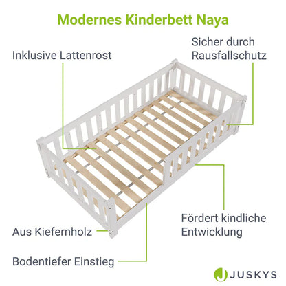 Kinderbett Naya 80x160 cm mit Lattenrost & Rausfallschutz - Weiss