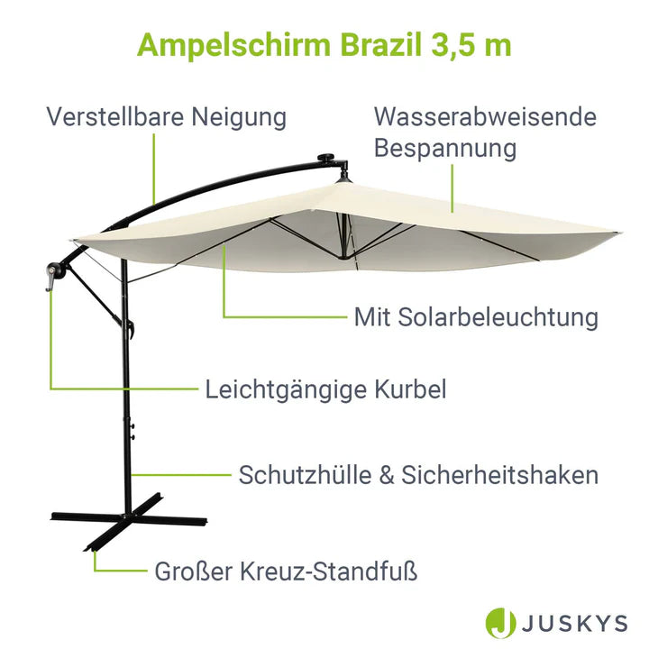 Ampelschirm Brazil Ø 3,5m mit LED, Kurbel und Standfuß in dunkelgrau und creme