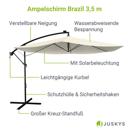 Ampelschirm Brazil Ø 3,5m mit LED, Kurbel und Standfuß in dunkelgrau und creme