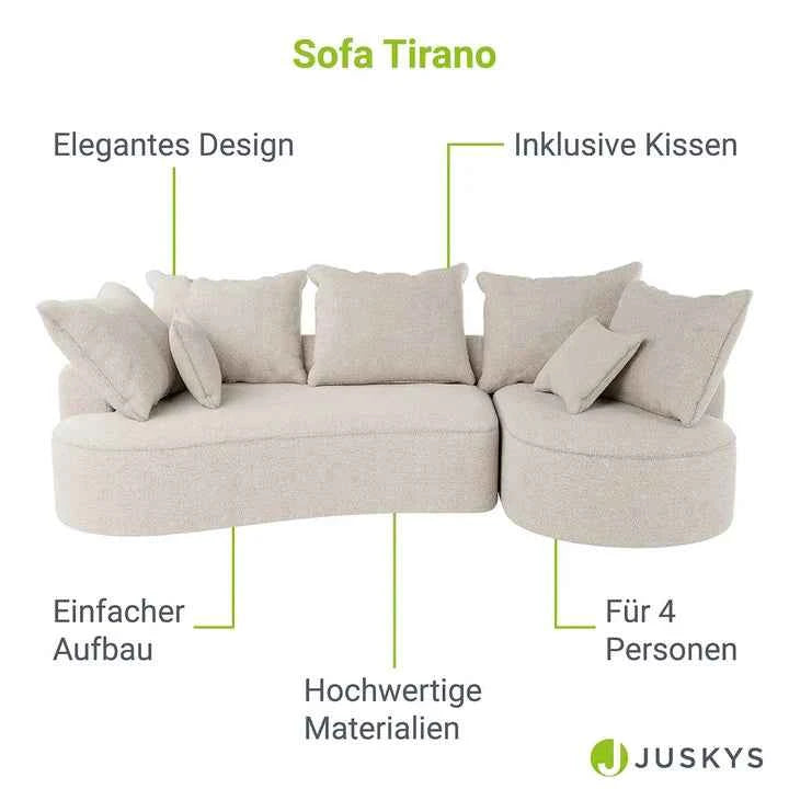 Sofa Tirano mit Ottomane & Dekokissen aus Boucléstoff Creme