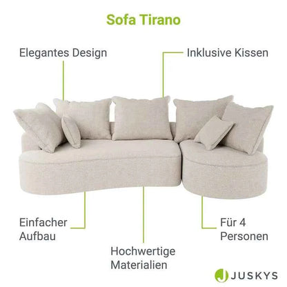 Sofa Tirano mit Ottomane & Dekokissen aus Boucléstoff Creme