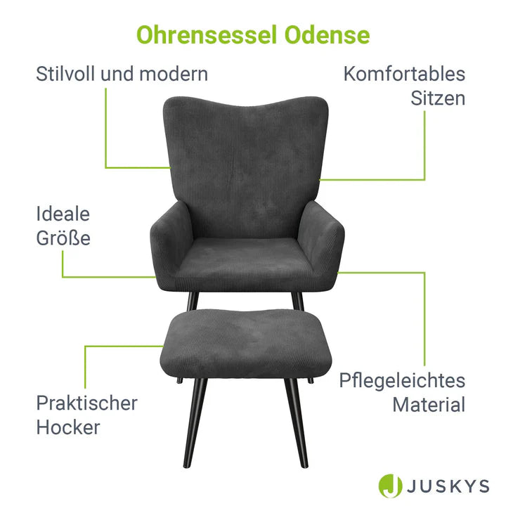 Ohrensessel Relaxsessel Cord mit Hocker Grau