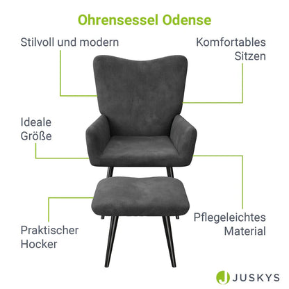 Ohrensessel Relaxsessel Cord mit Hocker Grau