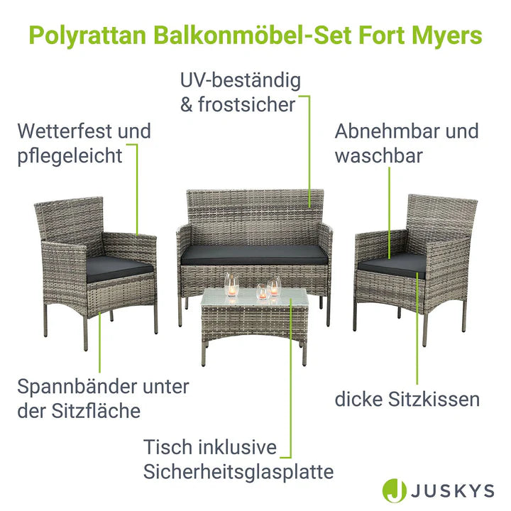 Polyrattan Sitzgruppe Fort Myers grau-meliert und dunkelgraue Bezüge
