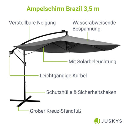 Ombrellone a braccio Brasile Ø 3,5m con LED, manovella e base in grigio scuro