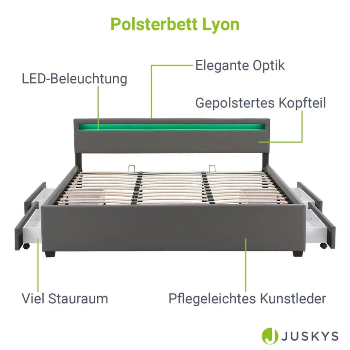 Lit capitonné LED Lyon avec coffre de lit 180 x 200 cm - gris foncé