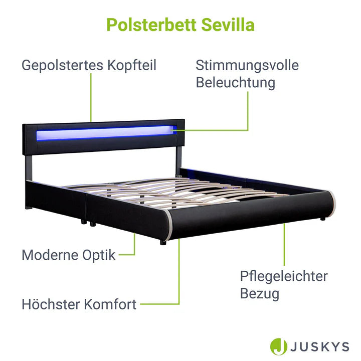 Lit rembourré LED Sevilla 180 x 200 cm sommier à lattes noir