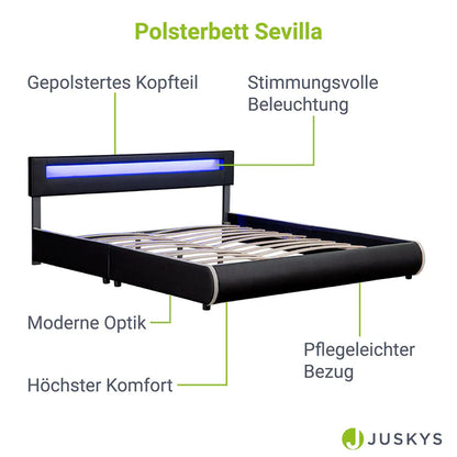 Lit rembourré LED Sevilla 180 x 200 cm sommier à lattes noir