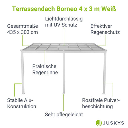 Aluminium Terrassendach Borneo 4x3m mit Doppelsteg-Platten weiss / transparent
