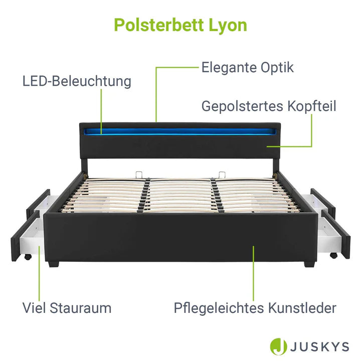 Lit capitonné Lyon avec caisson de lit 180 x 200 cm éclairage LED et sommier à lattes noir