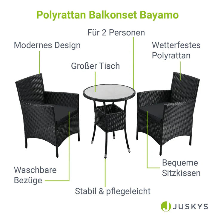3-tlg Polyrattan Sitzgarnitur Balkon Set Bayamo schwarz / grau