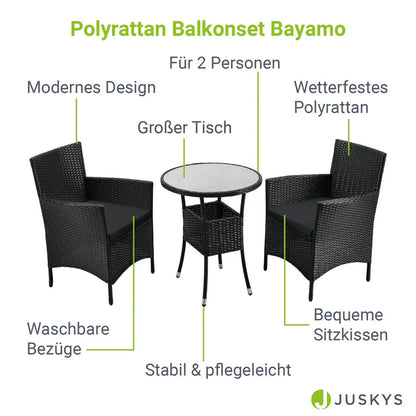 3-tlg Polyrattan Sitzgarnitur Balkon Set Bayamo schwarz / grau