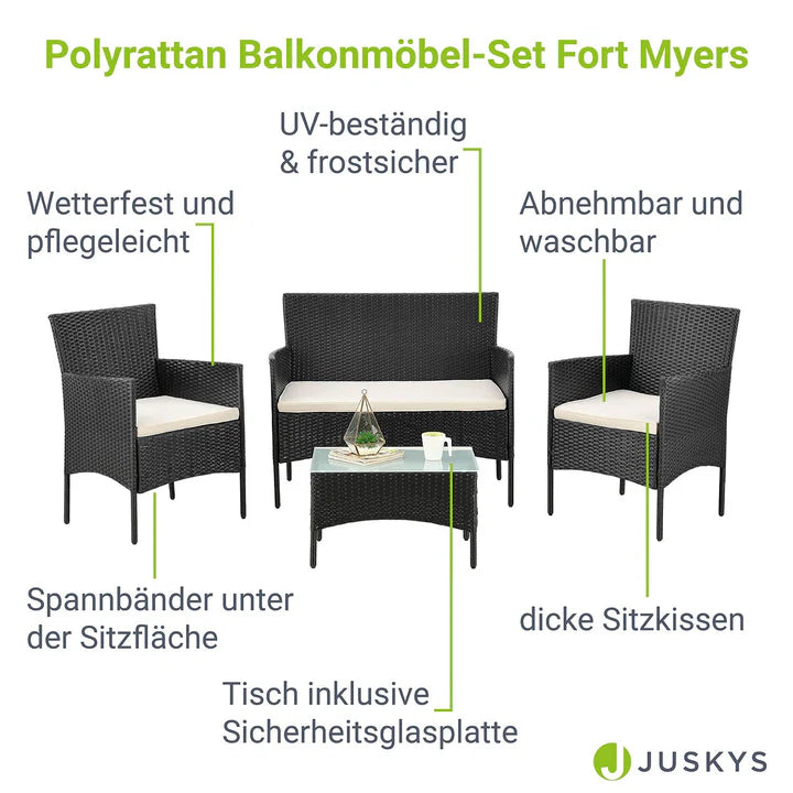 Polyrattan Sitzgruppe Fort Myers schwarz und cremeweiss Bezüge
