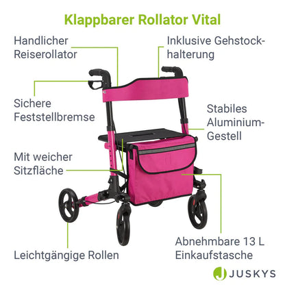 Déambulateur en aluminium Vital pliable avec siège et sac à provisions en violet