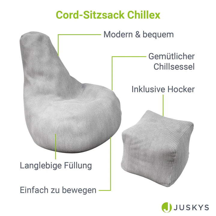 Sitzsack Chillex XL mit Hocker Cord Sessel Hellgrau - Palo24