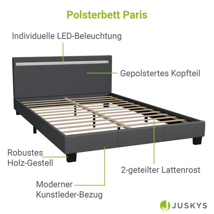 Lit tapissé LED Paris 140 x 200 cm sommier à lattes gris