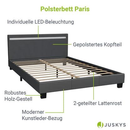 Lit tapissé LED Paris 140 x 200 cm sommier à lattes gris