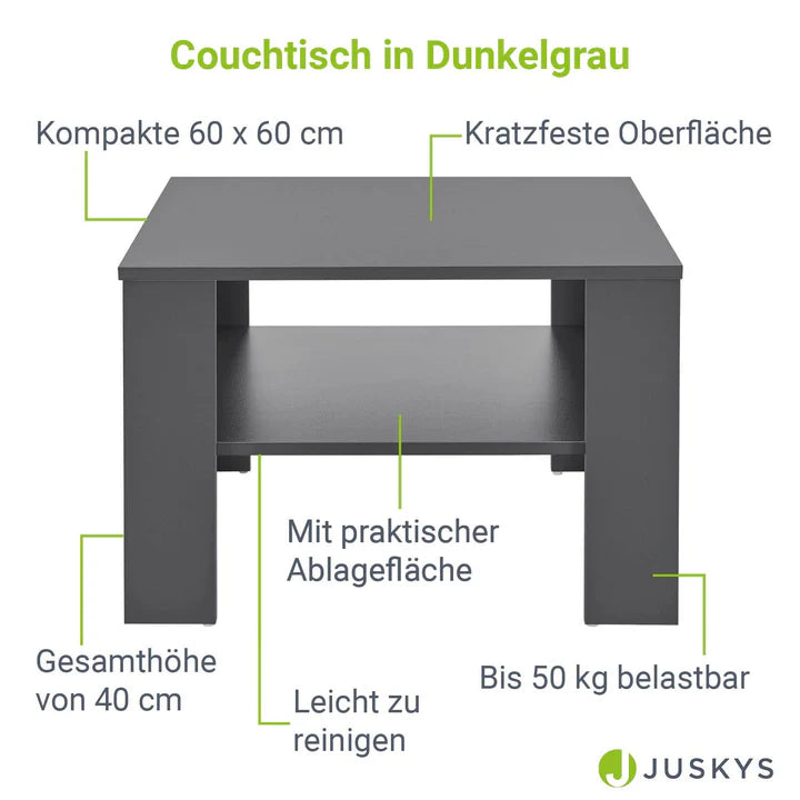 Couchtisch in Dunkelgrau 60x60 cm 2 Ebenen