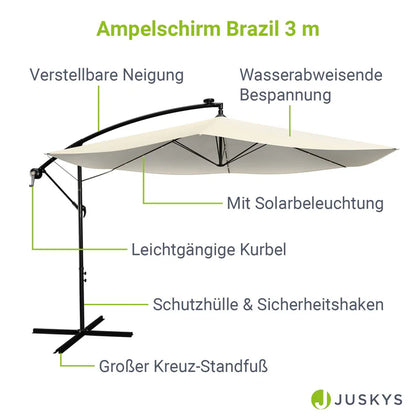 Ampelschirm Brazil Ø 3,0m mit LED, Kurbel und Standfuß in dunkelgrau und creme