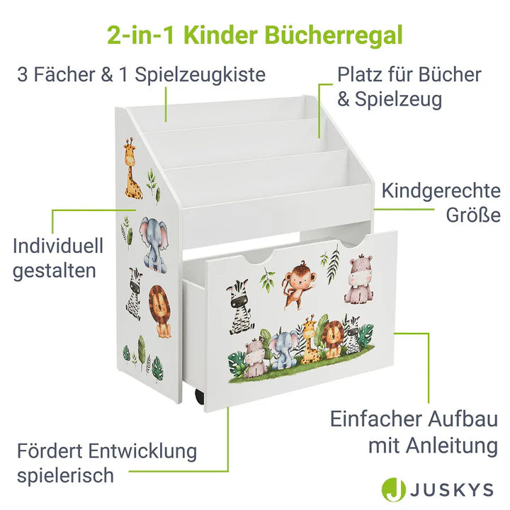 Kinder Bücherregal Weiss aus Holz 3 Fächer + 1 Kiste