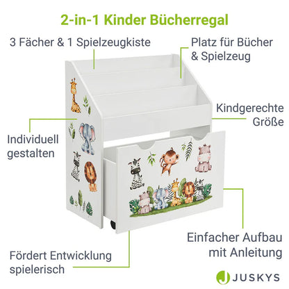 Kinder Bücherregal Weiss aus Holz 3 Fächer + 1 Kiste