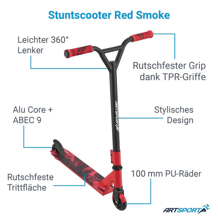 Stunt Scooter Red Smoke in Rot Schwarz Trick Roller mit 360° Lenkung