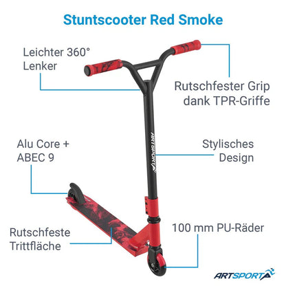 Stunt Scooter Red Smoke in Rot Schwarz Trick Roller mit 360° Lenkung