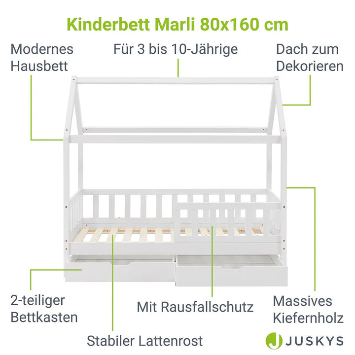 Lit enfant Marli 80 x 160 cm avec coffre de lit et sommier à lattes blanc