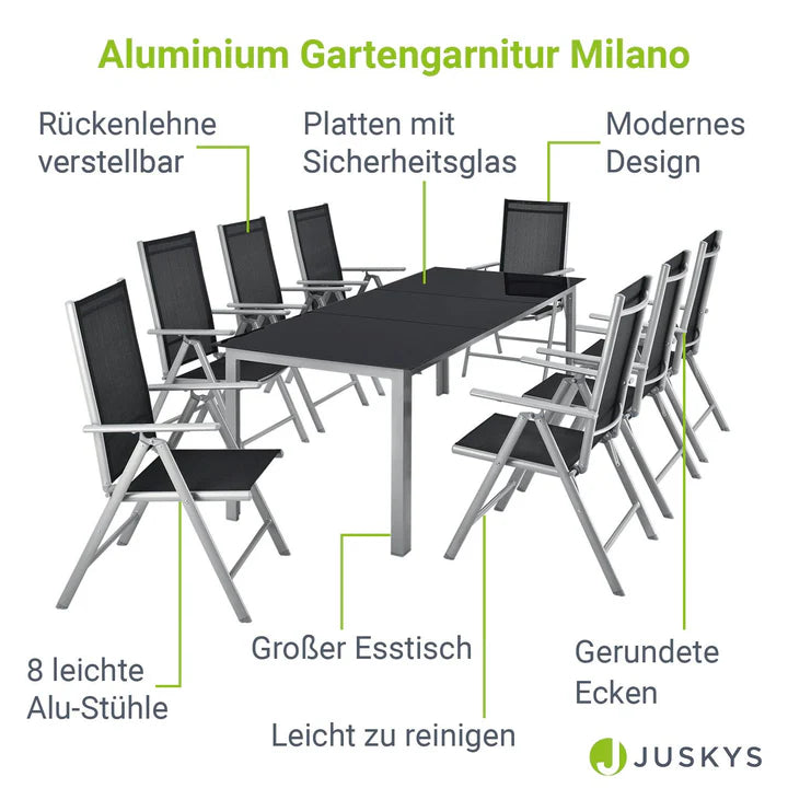 Set da giardino in alluminio Milano 9 pezzi con tavolo e 8 sedie grigio argento