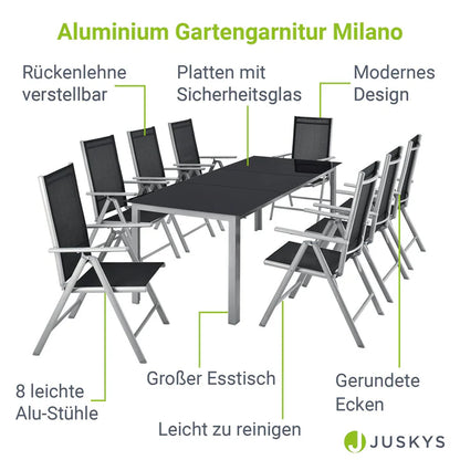 Set da giardino in alluminio Milano 9 pezzi con tavolo e 8 sedie grigio argento