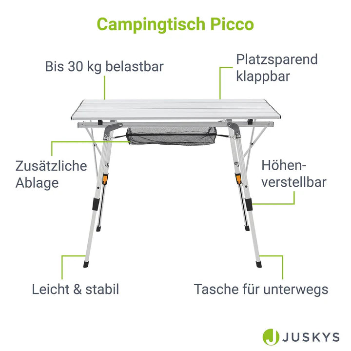 campingtisch mit ablage Campingtisch Picco faltbar Höhenverstellbarer Tisch mit Tasche & zusätzlicher Ablage
