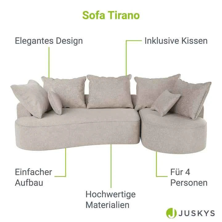 Sofa Tirano mit Ottomane & Dekokissen aus Samt Beige