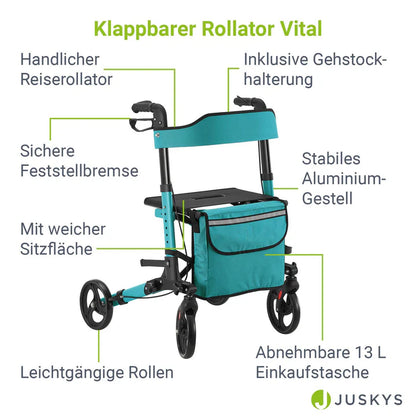 Déambulateur en aluminium Vital pliable avec siège et sac à provisions en essence