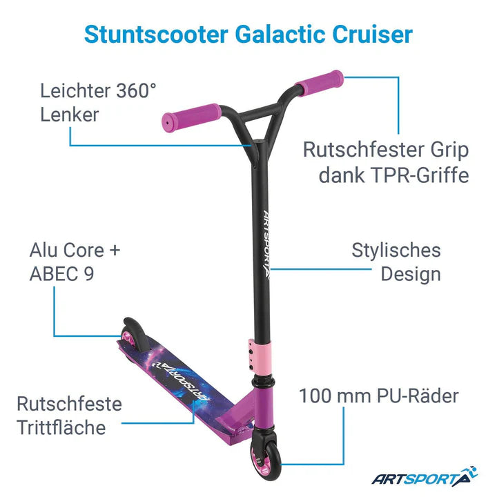 Stunt Scooter Galactic Cruiser in Lila Schwarz Trick Roller mit 360° Lenkung