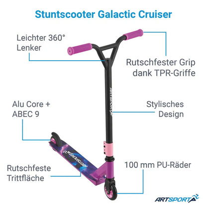 Stunt Scooter Galactic Cruiser in Lila Schwarz Trick Roller mit 360° Lenkung