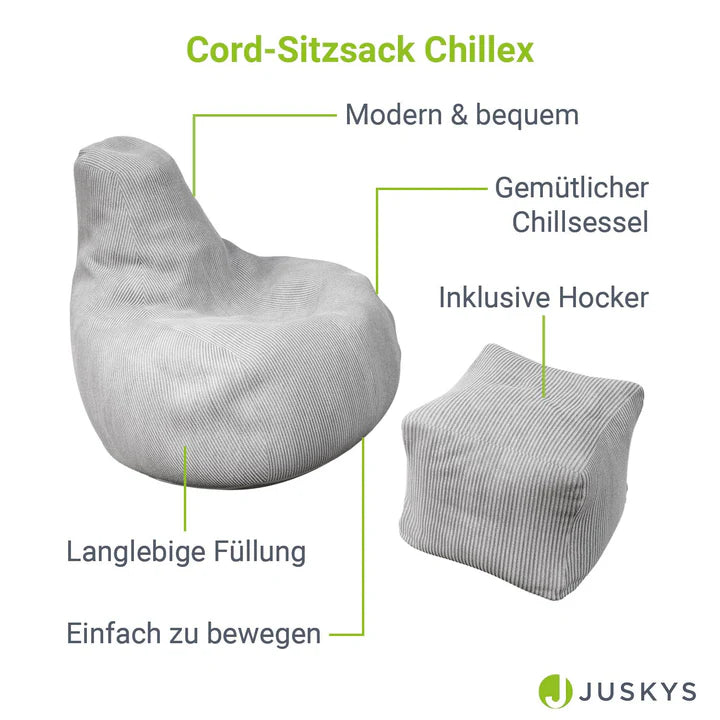 Sitzsack Chillex L mit Hocker Cord Sessel Hellgrau - Palo24