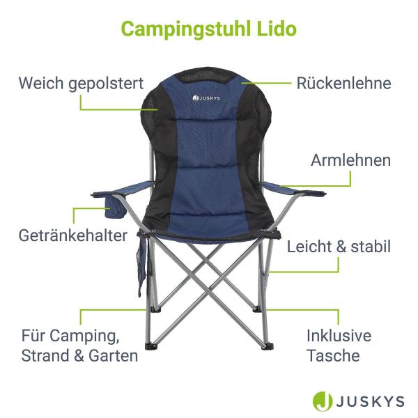 Campingstuhl Lido Blau Gepolsterter Klappstuhl mit Getränkehalter & Tasche