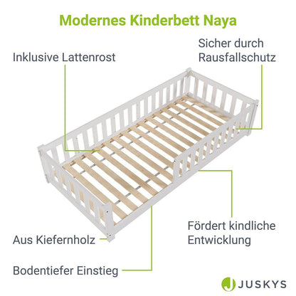 Kinderbett Naya 90x200 cm mit Lattenrost & Rausfallschutz - Weiss