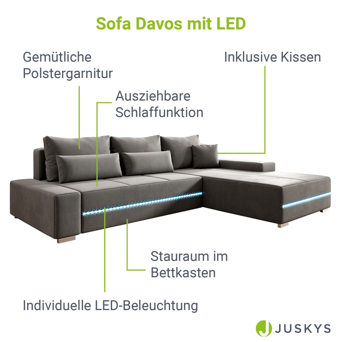 Sofa Davos mit LEDs & L-Form Schlaffunktion Hellgrau