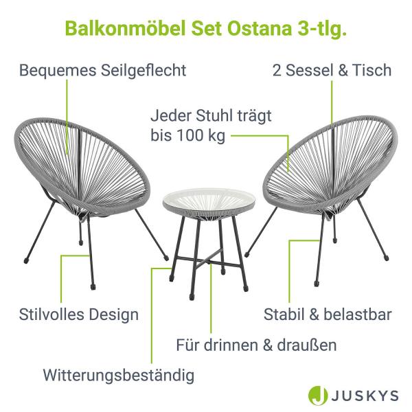 Balkonmöbel Set Ostana 3-teilig Grau Sitzgruppe im Retro-Design mit Tisch & 2 Sesseln