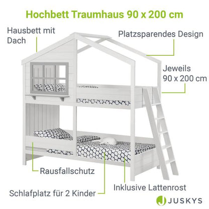 Lit mezzanine enfant maison de rêve 90 x 200 cm Lit enfant moderne avec toit, 2 lits et échelle