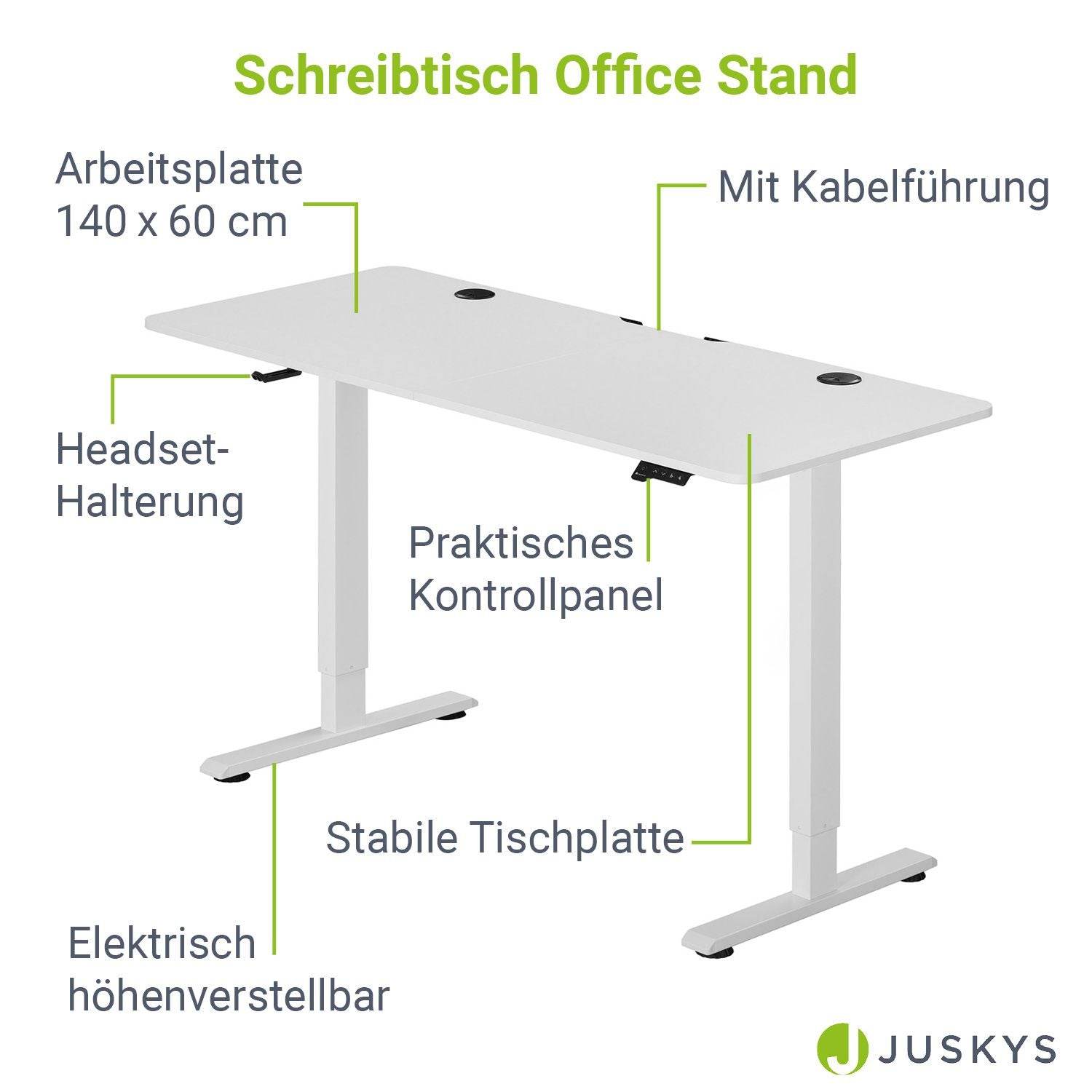 Elektrisch verstellbarer Schreibtisch 140x60 cm in Weiss - Palo24