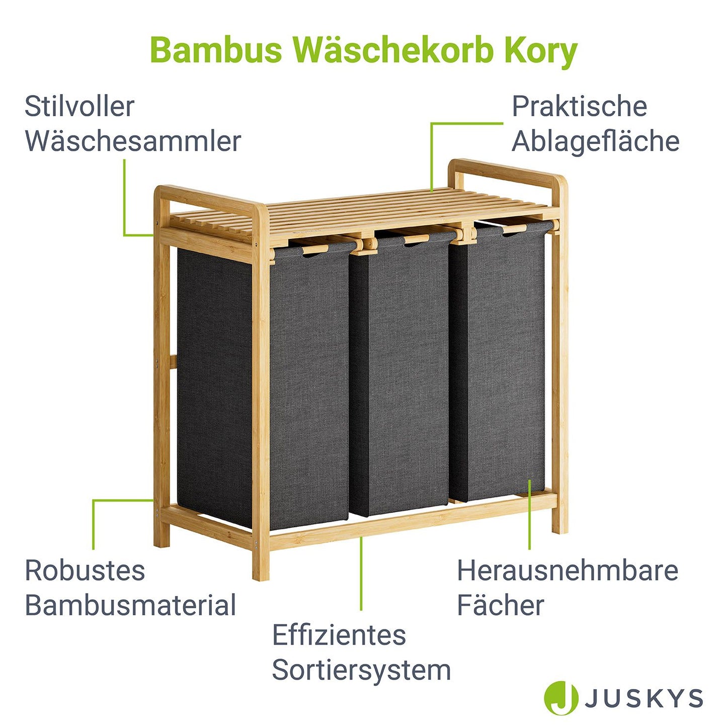 Bambus Wäschekorb Kory 3er - Anthrazit