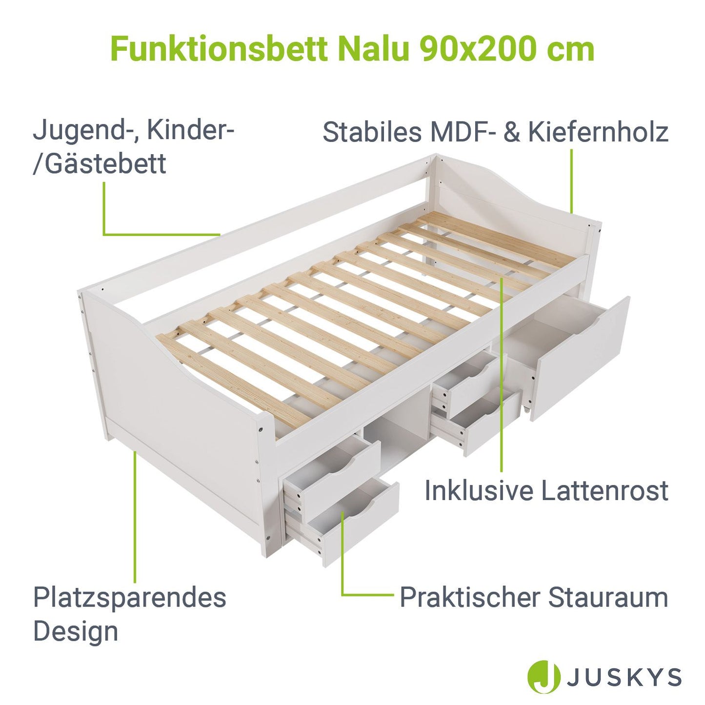 Funktionsbett Nalu 90x200 cm mit Lattenrost & Stauraum - Weiss